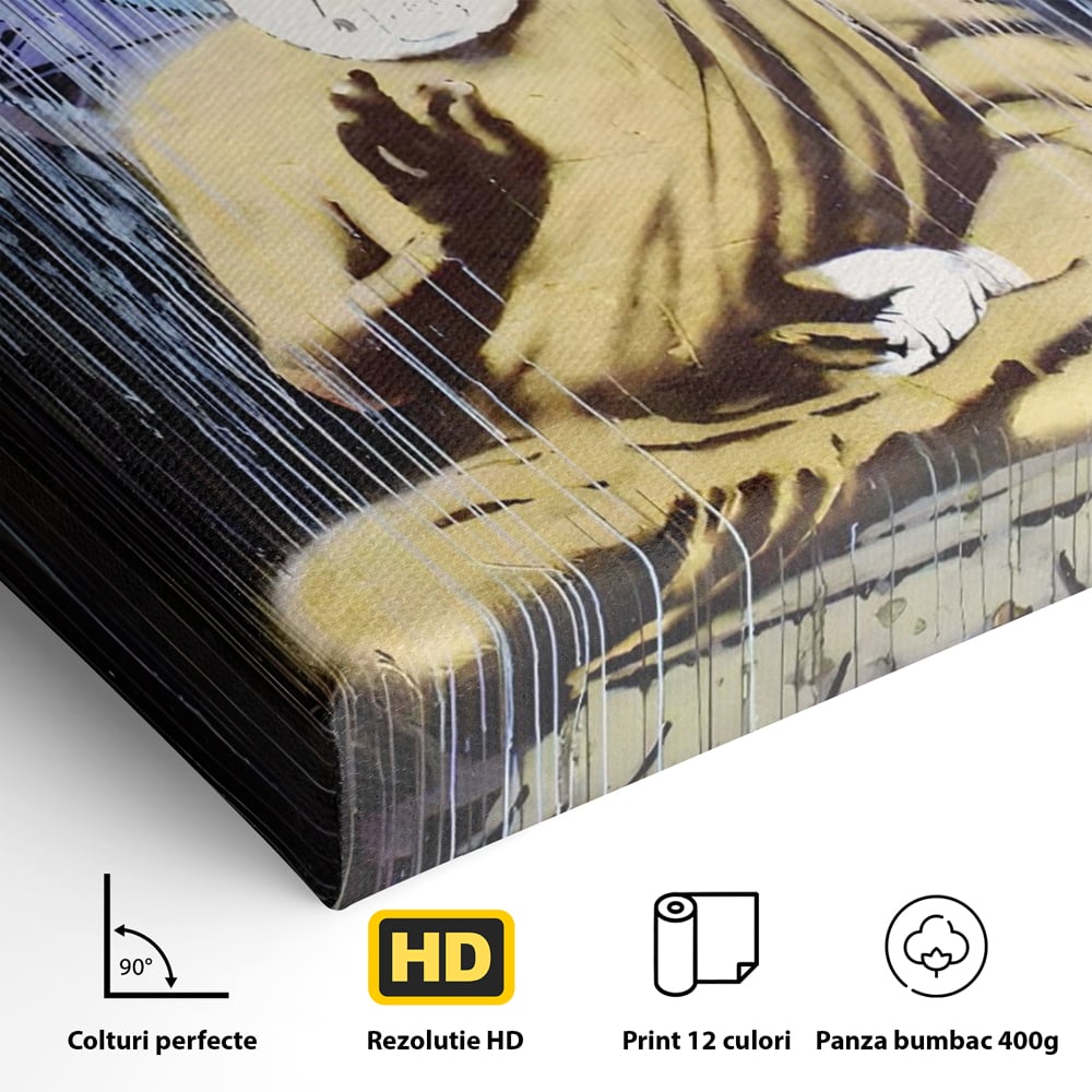 Detaliu al suprafetei: tablou canvas cu statuie buddha stilizata, fara rama, pe sasiu de lemn
